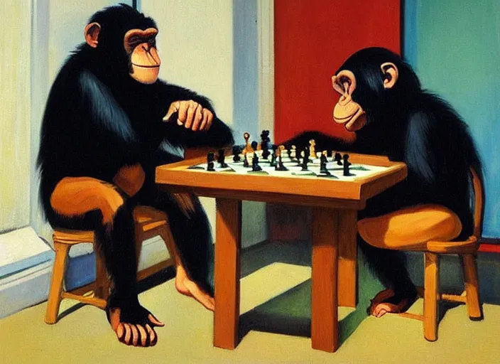 Prompt: a very very beautiful painting of a chimp playing chess in the style of edward hopper