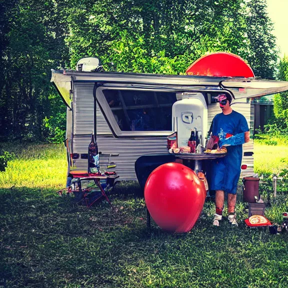 Image similar to redneck astronaut summer grillparty in trailer park, detailed, cinematic photo