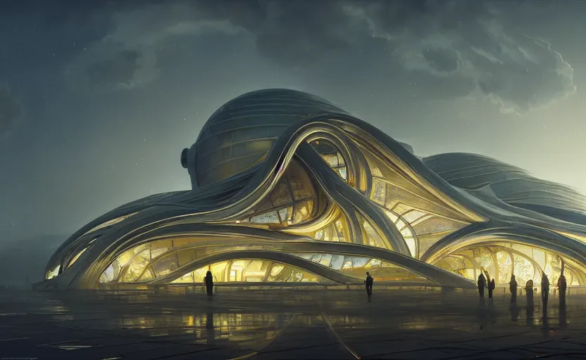 Image similar to exterior shot of utopian architecture transparent building with cinematic lighting by zaha hadid and renzo piano, darek zabrocki and greg ruthkowski, alphonse mucha, simon stalenhag, cinematic, stars, beautiful, holy place, paradise, scifi, futurism, atmospheric, concept art, artstation, trending on artstation