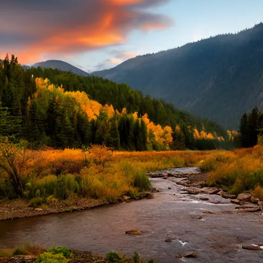 Prompt: A photo where the mountains are towering over the valley below their peaks shrouded in mist. The sun is just peeking over the horizon and the sky is ablaze with colors. The river is winding its way through the valley and the trees are starting to turn yellow and red.