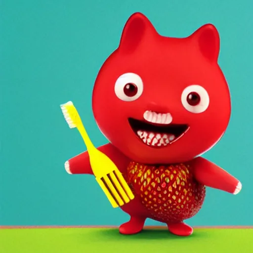 Image similar to a cute strawberry character with two front teeth, holding a yellow toothbrush, in the style of richard scarry