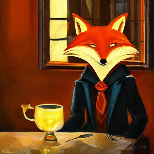 Image similar to humanoid fox detective in an evil restaurant. dark, moonlight through window. fine art, masterpiece painting, 4 k