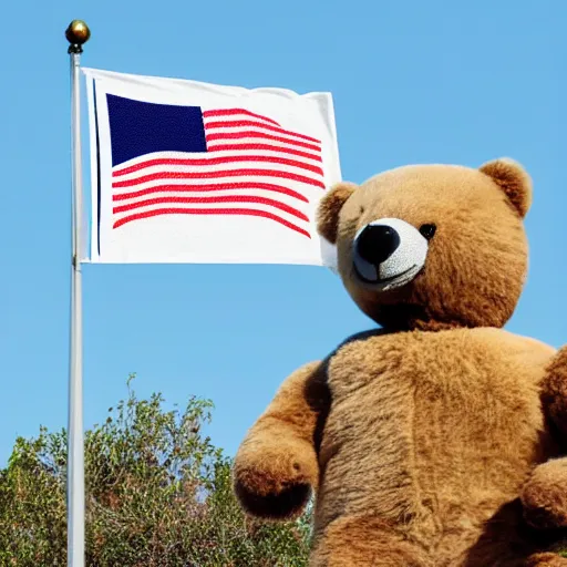 Image similar to California state flag with a robot riding on top of the bear