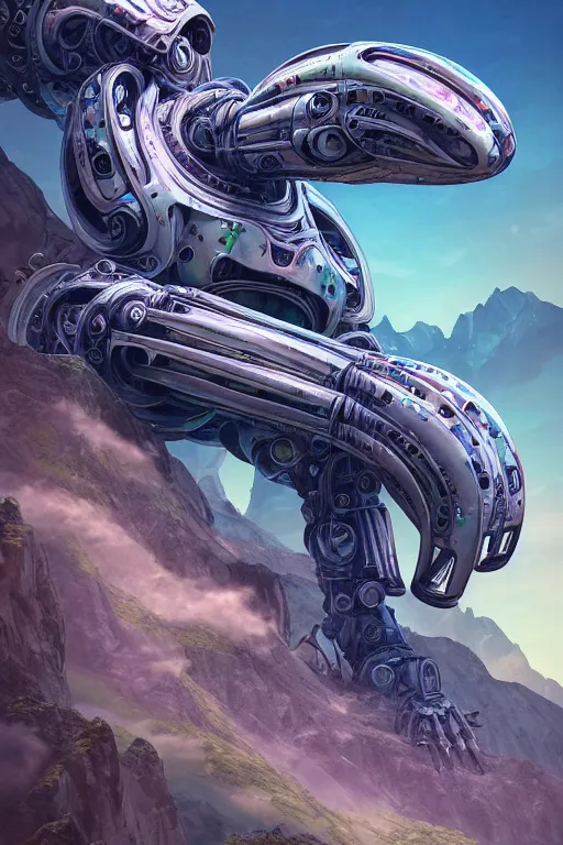 Prompt: detailed nacreous hard shell alien biomechanical orca mecha floating above a picturesque mountain meadow in the french alps. mathias kollros mark winters villeneuve lie setiawan lius lasahido manuel castanon. portrait vivid intricate vibrant elaborate inks unreal engine render.