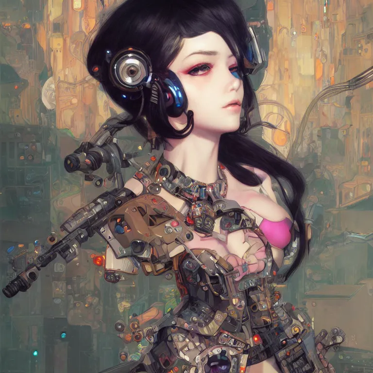 Prompt: portrait of beautiful bimbo, cyberpunk, Warhammer, highly detailed, artstation, illustration, art by Gustav Klimt and Range Murata and Ilya Kuvshinov and Sakimichan