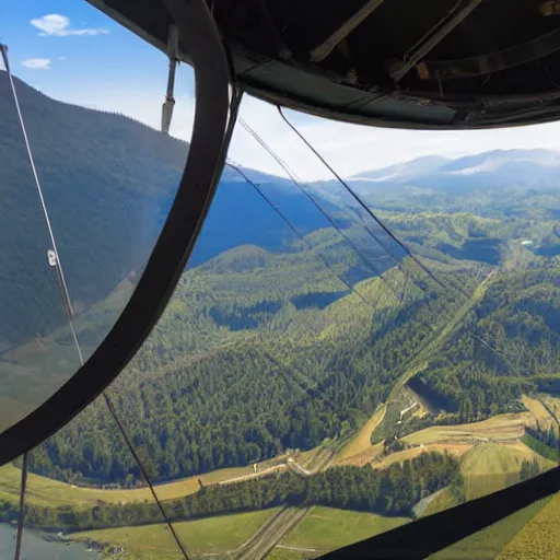 Prompt: the bridge of a military zeppelin's gondola, with a view to a mountain valley outside