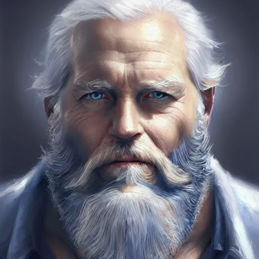 Prompt: Old man, vivid blue eyes, bushy white beard, digital painting, lots of details, directed gaze, extremely detailed, 4k, intricate, brush strokes, Mark Arian, Artgerm, Bastien Lecouffe-Deharme