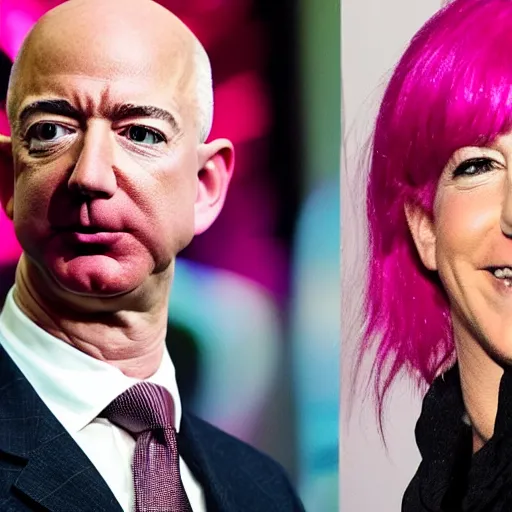 Image similar to jeff bezos with lush, pink hair