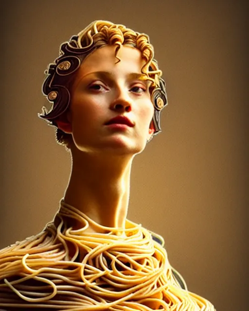 Prompt: statue of a woman, made of spaghetti, fully clothed, spotlight, backlit, diffuse lighting, fantasy, intricate, elegant, highly detailed, lifelike, photorealistic, artstation, illustration, concept art, sharp focus, art by john collier and albert aublet and krenz cushart and artem demura and alphonse mucha