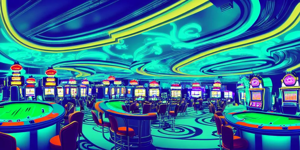 Prompt: extreme wide angle curved perspective digital art of indoor casino with a stage pale colors by anton fadeev from nightmare before christmas