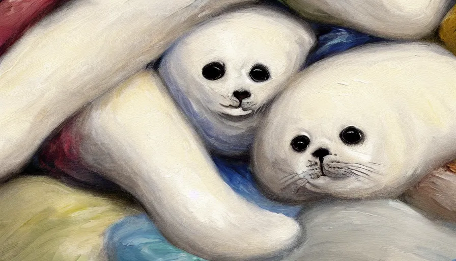 Prompt: highly detailed painting of cute furry white baby seals cuddling up in a big pile of socks by william turner, thick brush strokes and visible paint layers, 4 k resolution