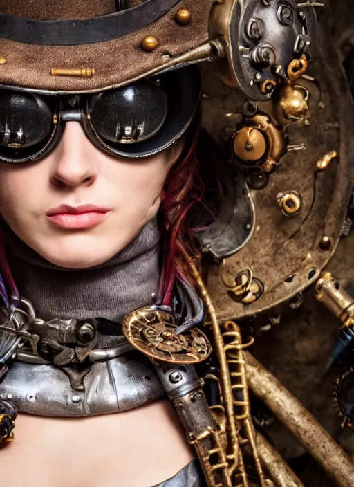 Image similar to closeup portrait of a female steampunk medieval goblin wearing a top hat and goggles, depth of field, zeiss lens, detailed, symmetrical, centered, fashion photoshoot, by Annie Leibovitz and Steve McCurry, David Lazar, Jimmy Nelsson, Breathtaking, 8k resolution, extremely detailed, beautiful, establishing shot, artistic, hyperrealistic, beautiful face, octane render