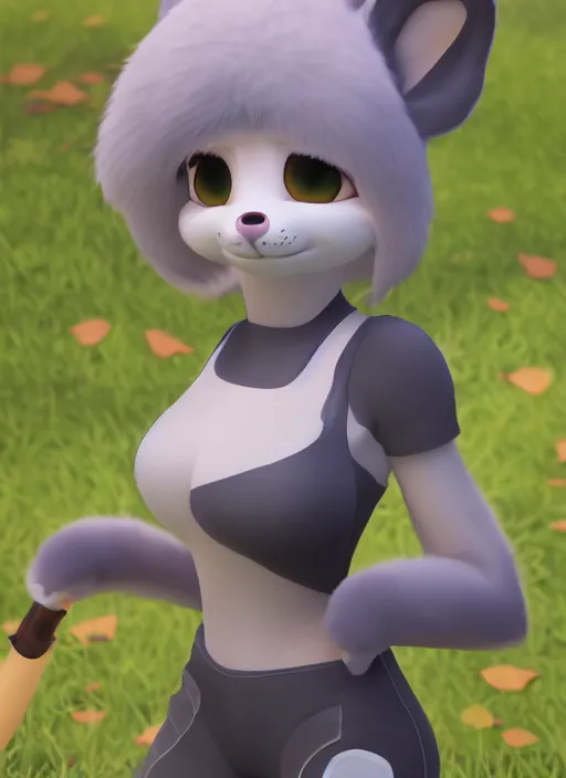 Image similar to female furry mini cute style, character adoptable, highly detailed, rendered, ray - tracing, cgi animated, 3 d demo reel avatar, style of maple story and zootopia, maple story gun girl, grey mouse, soft shade, soft lighting