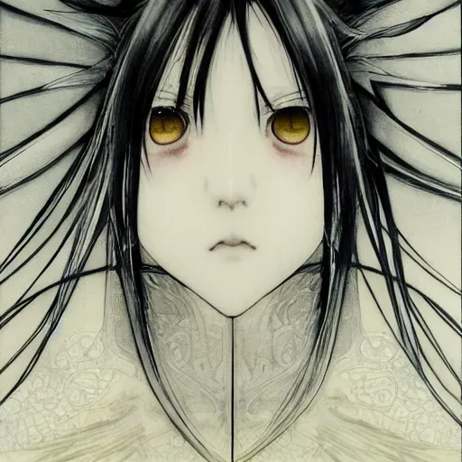 Image similar to yoshitaka amano blurred and dreamy illustration of an anime girl with black eyes, wavy white hair fluttering in the wind and cracks on her face wearing elden ring armor with engraving, abstract black and white patterns on the background, noisy film grain effect, highly detailed, renaissance oil painting, weird portrait angle, three quarter view, head turned to the side