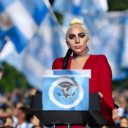 Image similar to Lady Gaga as president, Argentina presidential rally, Argentine flags behind, bokeh, giving a speech, detailed face, Argentina