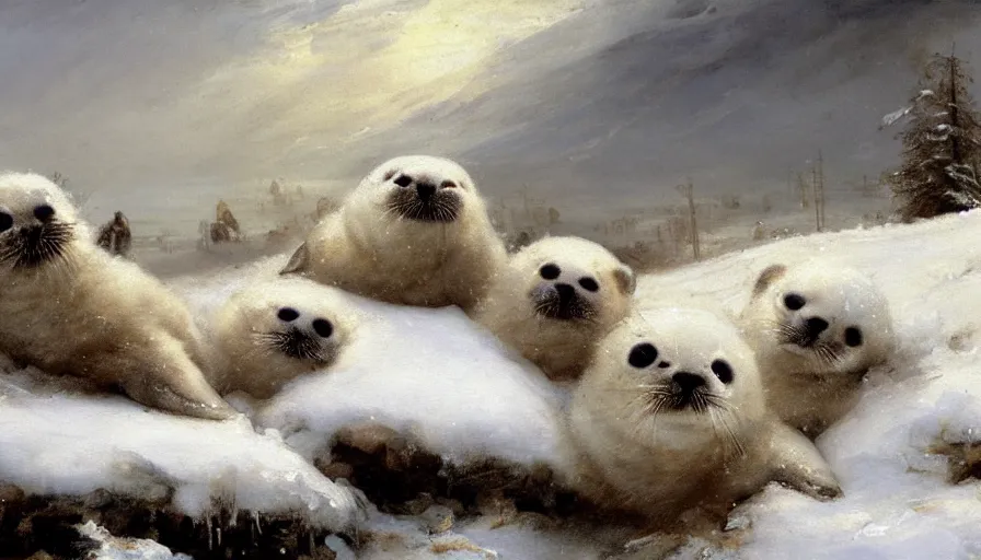 Prompt: highly detailed closeup painting of cute furry white baby seals inside a snowy playpark by william turner, by greg rutkowski, by william constable, thick brush strokes and visible paint layers, 4 k resolution