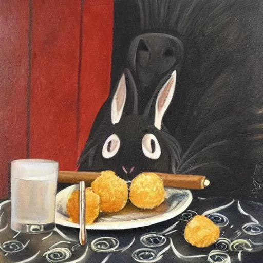 Prompt: a painting of a rabbit drinking tequila and eating croquette in gothic style