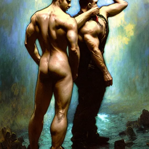 Image similar to back tattoo of albert wesker and chris redfield, by gaston bussiere, craig mullins, greg rutkowski, alphonse mucha