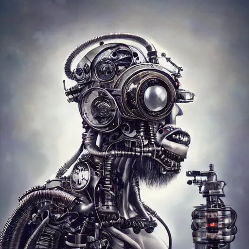 Prompt: a beautiful intricate fine art portrait photo of a a mechanical industrial steampunk cybernetic gorilla, by tom bagshaw and zach sutton, perfection!, milk bath photography, studio lighting, 35mm lens, very detailed, bionic, cybernetic scifi, deep depth of field, artstation, 8K, highly coherent