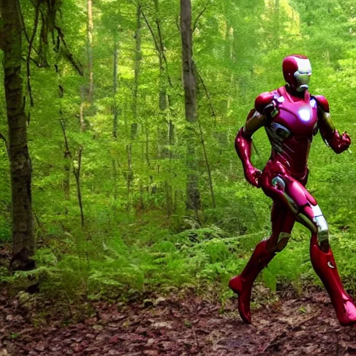 Image similar to trailcam footage of iron man running in the forest