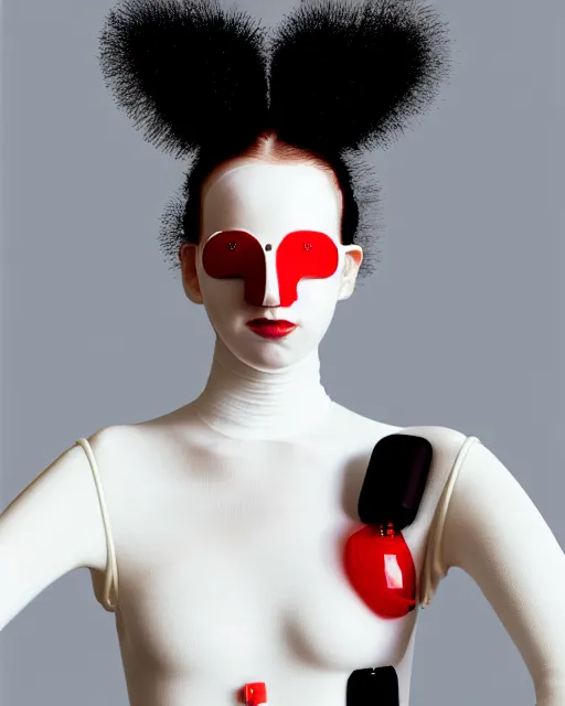 Image similar to portrait of a woman wearing a white embroidered translucent silicone mask and white red frizzy hair buns, wearing a black bodysuit by alexander mcqueen, cream white background, soft diffused light, biotechnology, humanoide robot, bjork aesthetic, translucent, by rineke dijkstra, intricate details, highly detailed, masterpiece,