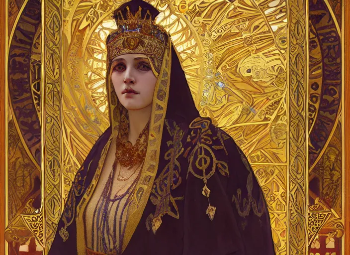 Image similar to byzantine empress theodora the first, art nouveau artwork masterpiece, by Alphonse Mucha, Adolfo Hohenstein, Stanley Artgerm Lau, Greg Rutkowski, Thomas Kindkade, trending on artstation, 4k, smooth, sharp focus