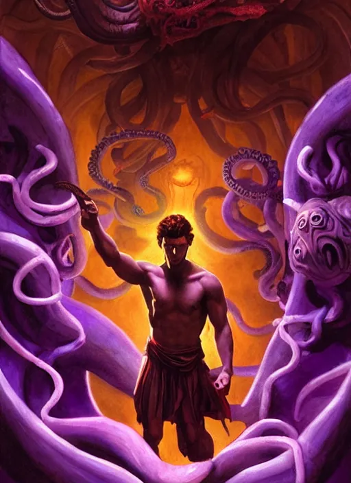 Prompt: movie poster with a young strong ancient greek man with lovecraftian tentacles made of purple glowing energy in the background, dungeons and dragons artwork, award winning art, cinematic light, dynamic composition, highly detailed, dramatic lighting, digital painting, concept art, masterpiece, by leonardo da vinci, raphael, artgerm, greg rutkowski, vibrant colors