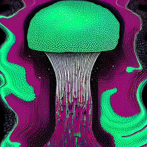 Prompt: melting mushroom, glitchcore, glitchwave, glitch art, melting, paint drops