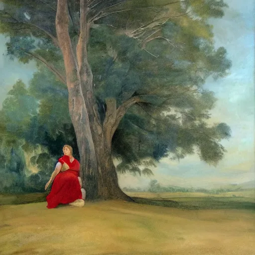 Image similar to _ in _ these _ paintings _ we _ see _ a _ big and tall _ woman in a void space with a tree, 8 k, realistic, in the style of delacroix watercolor, edward hooper, medium shot, studio light, thick oil paint with brushstrokes of paint, impasto, bright, happy detailed,