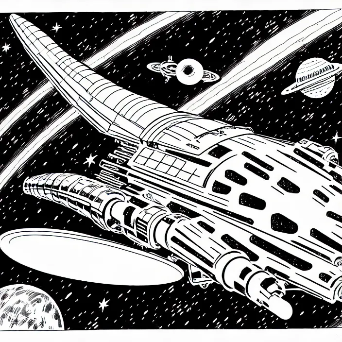 Image similar to a dinosaur spaceship in space, inked illustration, in the style of jack kirby, 1 9 8 5, sharp detail