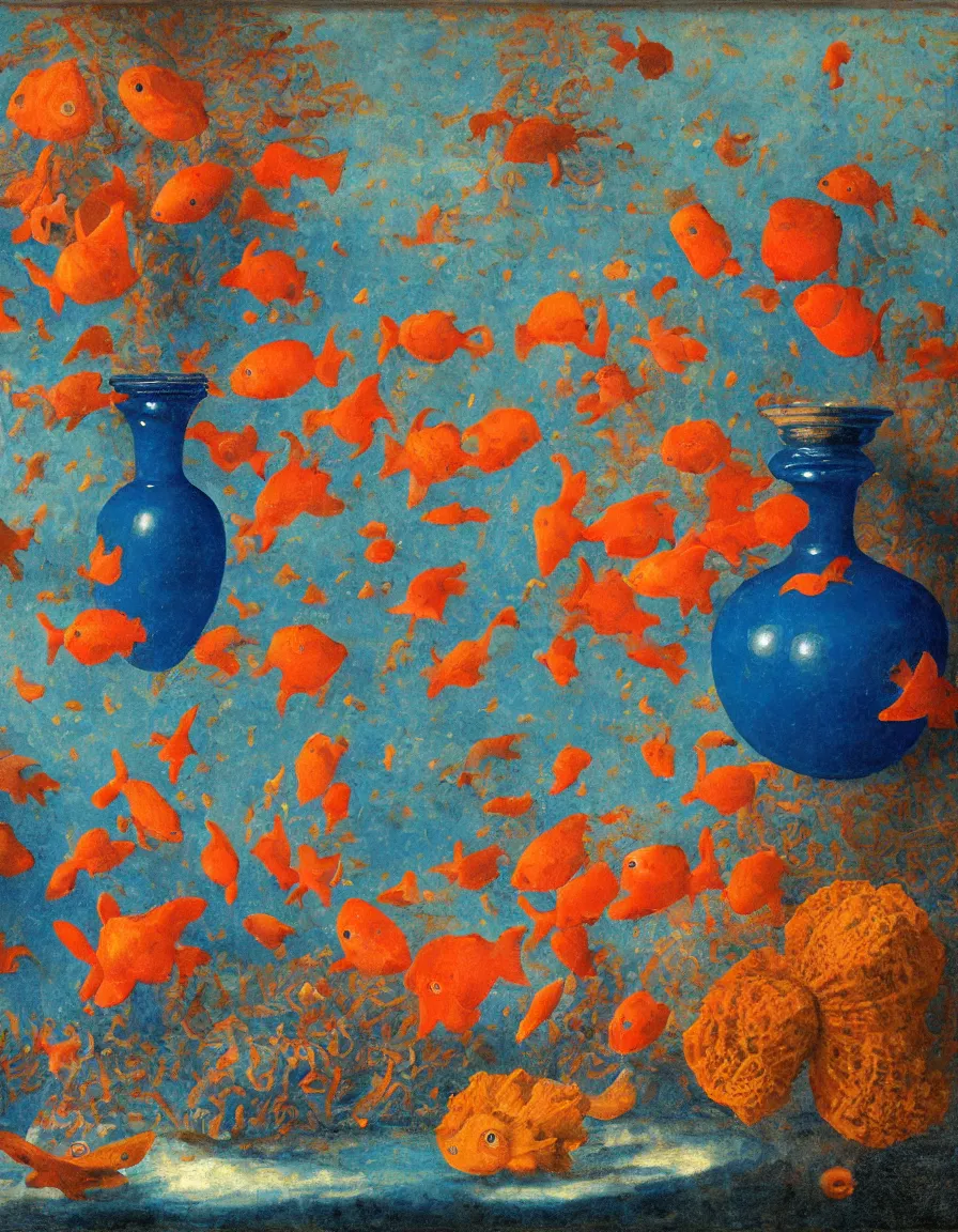 Prompt: bottle vase of coral under the sea and in the sky decorated with a dense field of stylized scrolls that have opaque outlines enclosing mottled blue washes, with orange shells and purple fishes, ambrosius benson, oil on canvas, hyperrealism, light color, no hard shadow, around the edges there are no objects