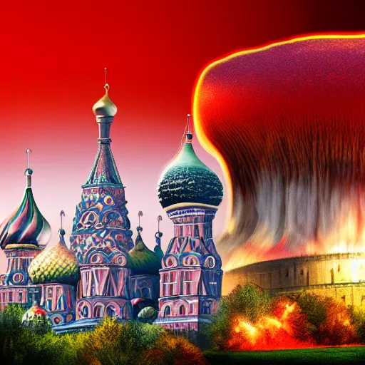 Image similar to a big nuclear explosion with realistic nuclear mushroom in Red Square Kremlin, dramatic lighting, cinematic, extremely high detail, photo realistic