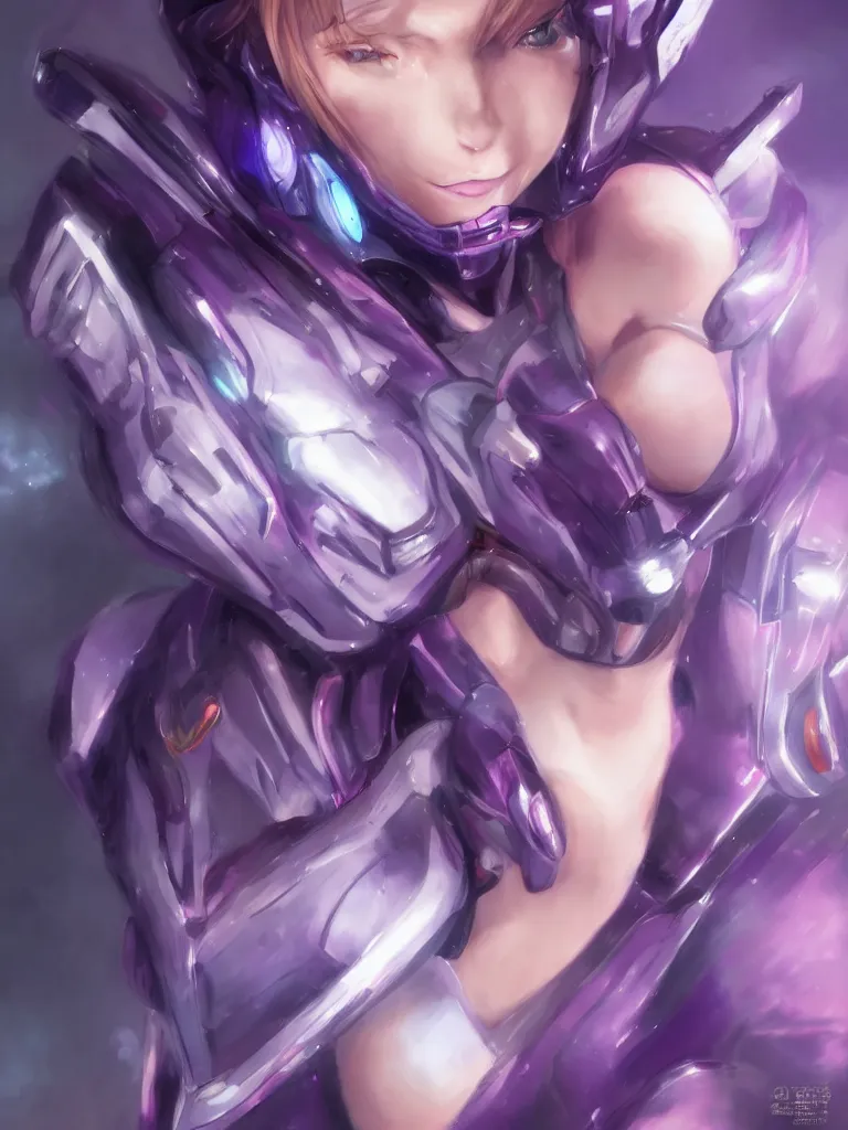 Image similar to A realistic anime portrait of a woman in a Gundam suit with glowing purple, digital painting, by Stanley Artgerm Lau, Sakimichan, WLOP and Rossdraws, digtial painting, trending on ArtStation, SFW version