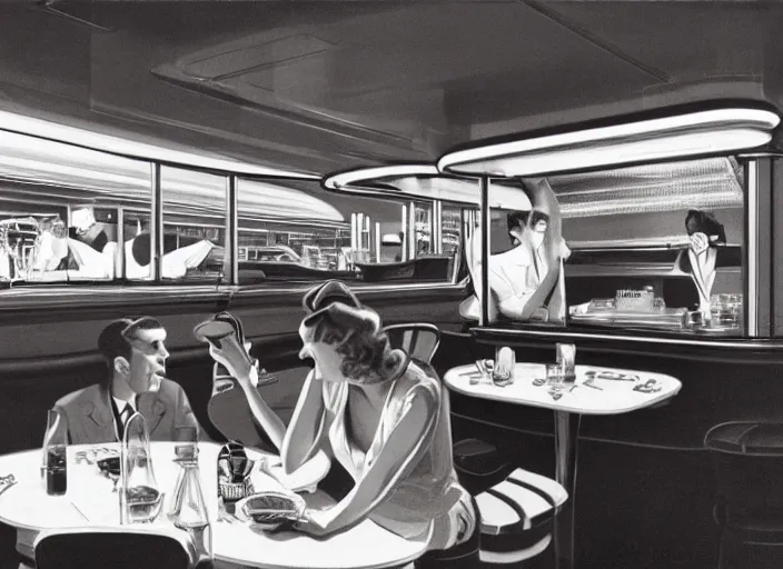 Image similar to diner, 1950s,jukebox,8K, by syd mead