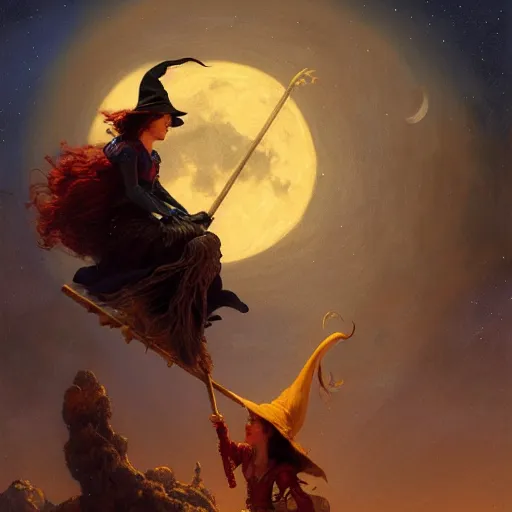 Image similar to witch flying riding a broom, trough the night, fantasy, full moon in background. highly detailed painting by gaston bussiere, craig mullins, j. c. leyendecker 8 k