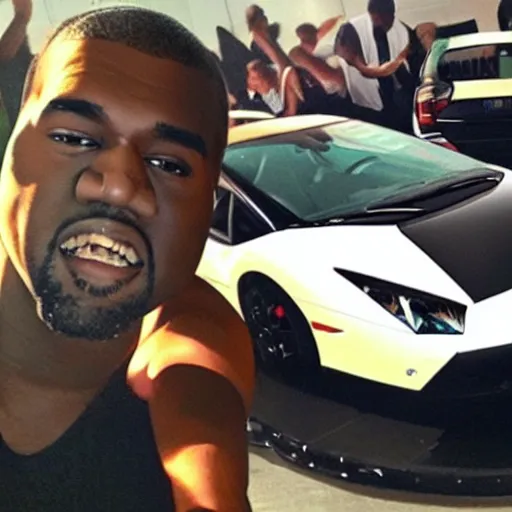 Prompt: kanye west and an anime girl driving a lamborghini