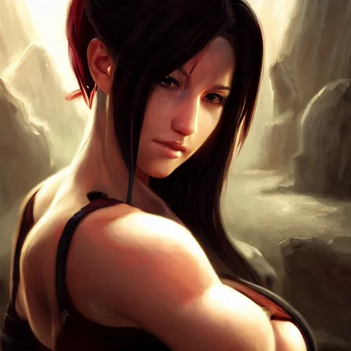Image similar to seductive Tifa Lockhart portrait, atmospheric lighting, painted, intricate, highly detailed by Leesha Hannigan, Ross Tran, Thierry Doizon, Kai Carpenter,Ignacio Fernández Ríos