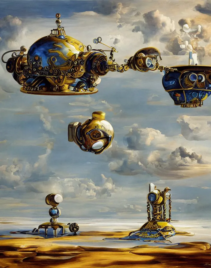 Prompt: Dream Bot Mothership oil painting by Salvador Dalí. Cinematic, hyper realism, high detail, octane render, 8k