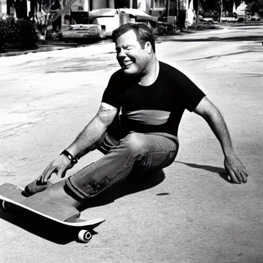 Image similar to william shatner with no limbs on a skateboard in miami