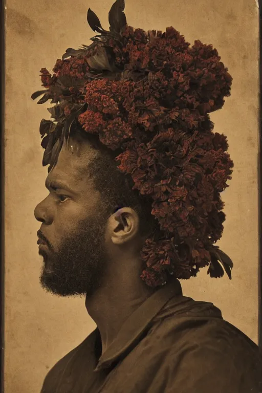 Image similar to an African American man's face in profile, long beard, made of flowers and fruit, in the style of the Dutch masters and Gregory crewdson, dark and moody