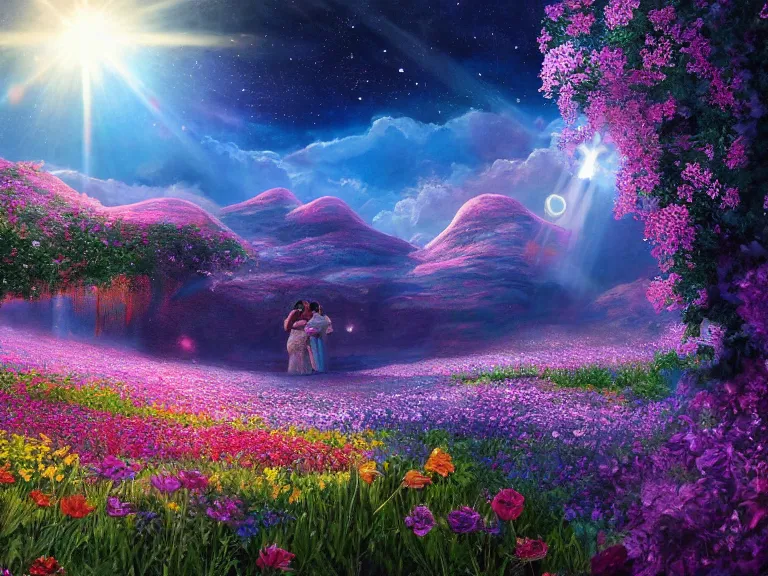 Prompt: a fine painting of a glorious place where love conquers all, where the heavens open to the great cosmos, where flowers are launched into the unknown 8 k, ultra realistic, lens flare, atmosphere, glow, detailed, intricate, full of colour, cinematic lighting, trending on artstation, 4 k, hyperrealistic, focused, extreme details, unreal engine 5, cinematic, masterpiece