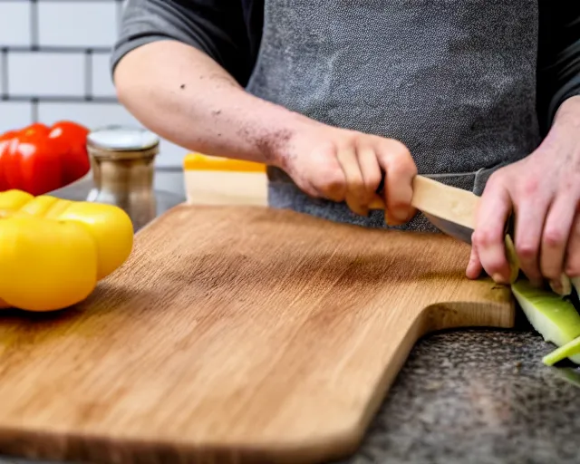 Image similar to 9 0 degrees fov, first person point of view of me chopping vegetables on a chopping board