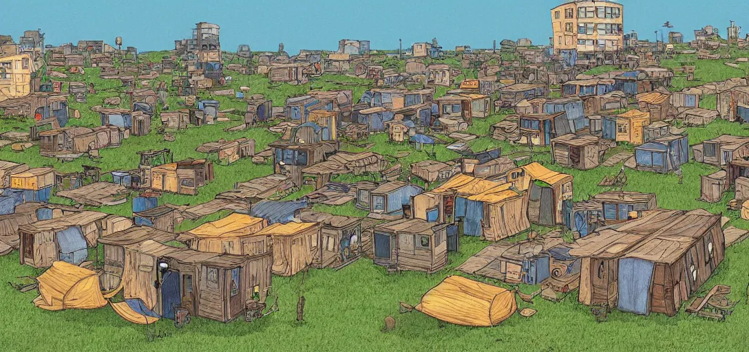 Image similar to a photorealistic digital illustration of a shady shanty town by Studio Ghibli and Herge