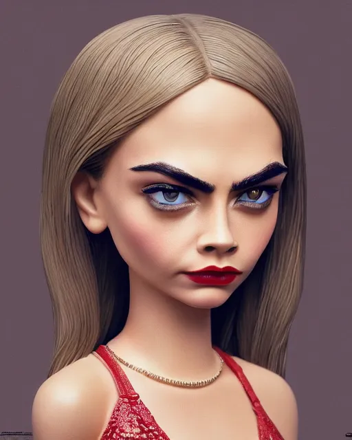 Image similar to closeup face profile portrait of cara delevingne as a tin toy fbi agent, bikini, depth of field, zeiss lens, detailed and intricate environment, fashion photoshoot by nicoletta ceccoli, mark ryden, lostfish, breathtaking, 8 k resolution, artistic, hyperrealistic, octane render