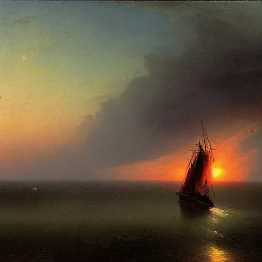 Image similar to tornado on the river, sunset, by ivan aivazovsky,