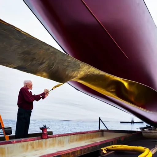 Image similar to wrinkled hunchbacked old man in musty burgundy suit, polishing painting the side of a huge gold plated mega yacht with a cloth, maintenance photo