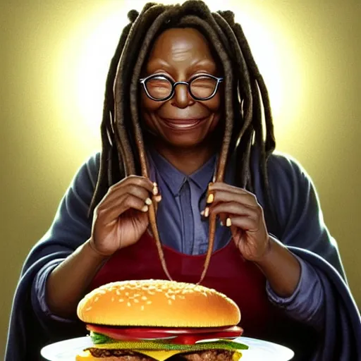 Prompt: portrait of Whoopi Goldberg eating hamburgers, extra onions and ketchup, luscious patty with sesame seeds, ethereal, holy sacred light rays, handsome, D&D, fantasy, intricate, elegant, highly detailed, digital painting, artstation, concept art, matte, sharp focus, illustration, art by Artgerm and Greg Rutkowski and Alphonse Mucha