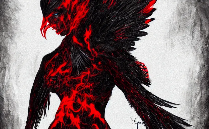 Prompt: Female dark angel in gothic red and black dress, their black wings are extended. She is in the bioluminescent forest. Fantasy and concept art, colorful digital painting , horror scene, highly detailded