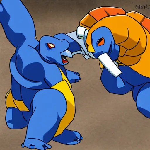 Image similar to blastoise punching charizard in the face, wrestling ring