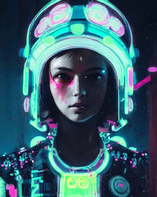 Image similar to detailed portrait Neon Operator Girl, cyberpunk futuristic neon, reflective puffy coat, decorated with traditional Japanese ornaments by Ismail inceoglu dragan bibin hans thoma greg rutkowski Alexandros Pyromallis Nekro Rene Maritte Illustrated, Perfect face, fine details, realistic shaded, fine-face, pretty face